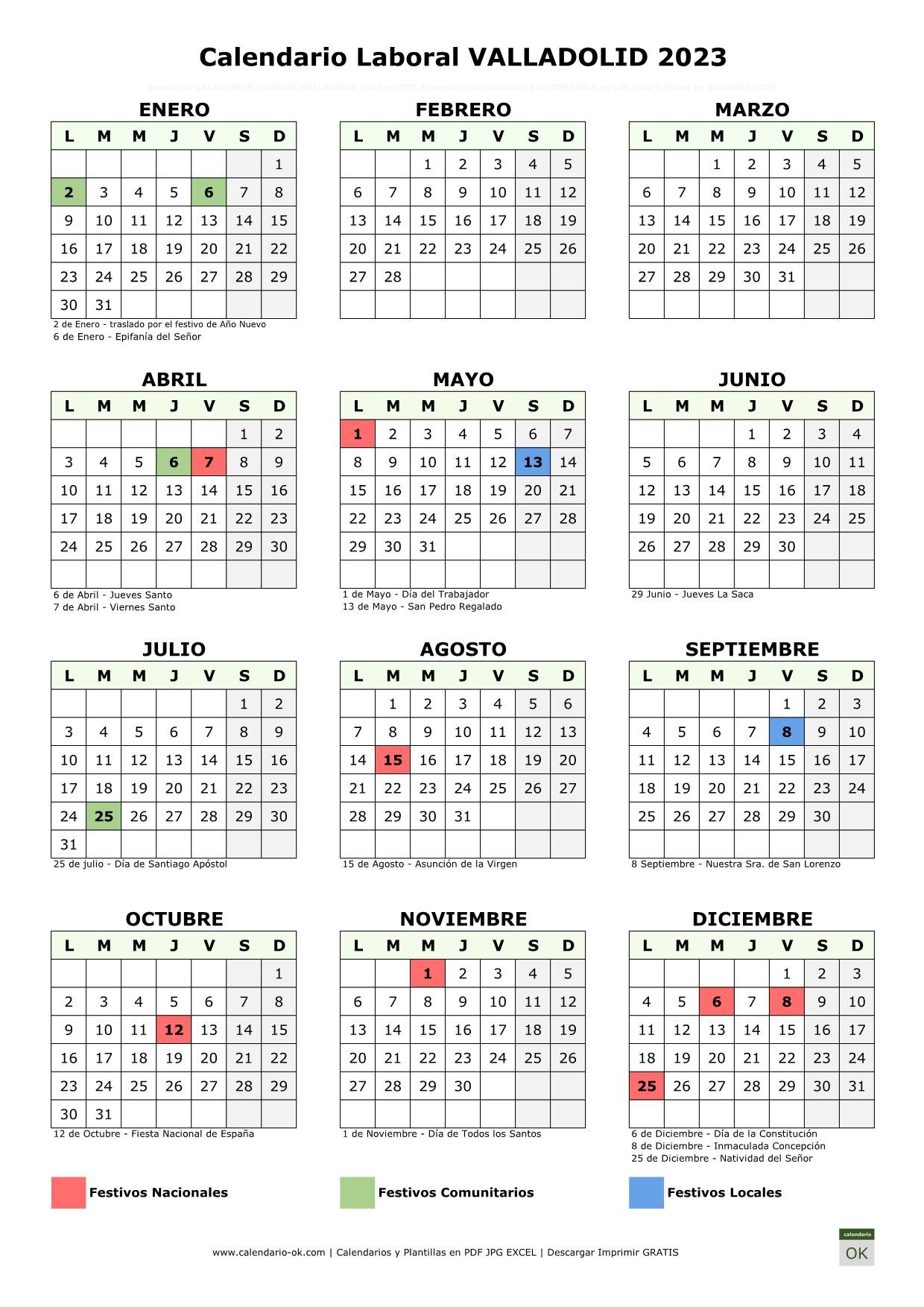 El calendario festivo oficial de Valladolid incluye 14 festivos: 8 estatales, 4 regionales y 2 locales.
