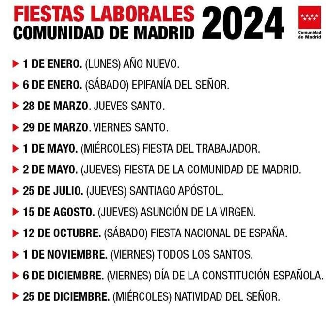 Este año, la Comunidad de Madrid cuenta con 12 festivos, 8 estatales y 4 autonómicos, a los que se suman dos fiestas locales decididas por cada ayuntamiento de la comunidad. 